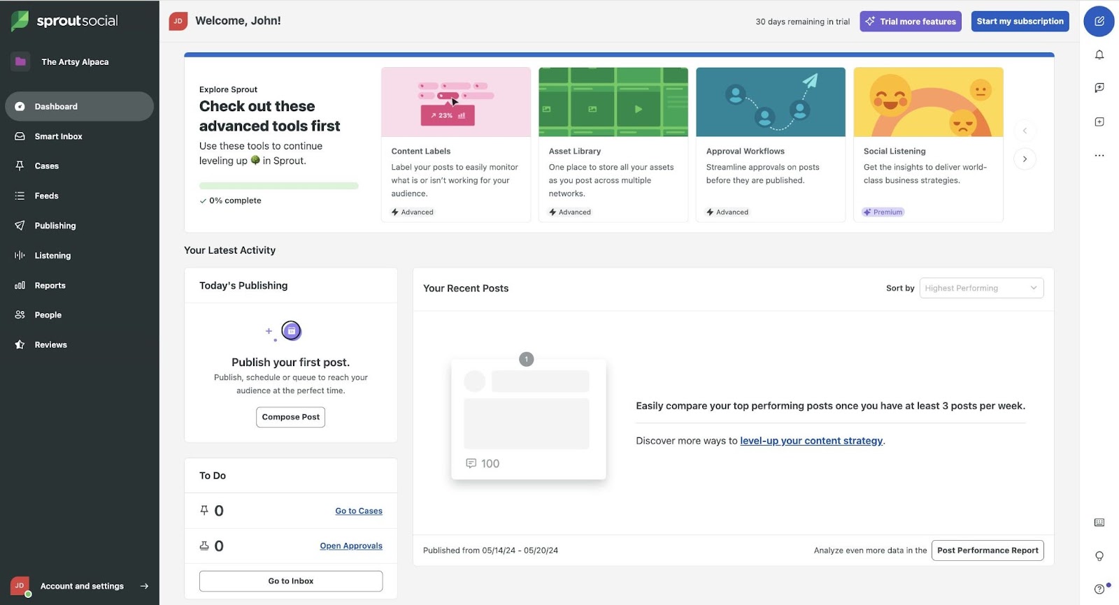 "Sprout Social" dashboard includes a paper   bar, an "Explore" section, and a "Your Latest Activity" section.