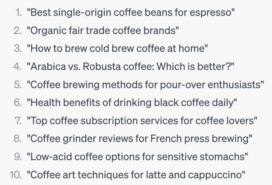 Long-tail keywords related to coffee by ChatGPT