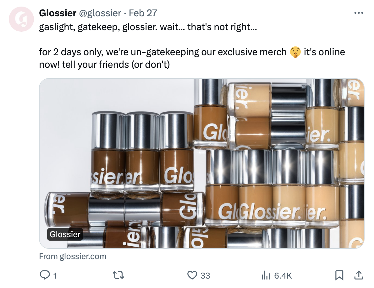 Glossier tweet about exclusive merch with an image of foundation bottles in various skin tone shades