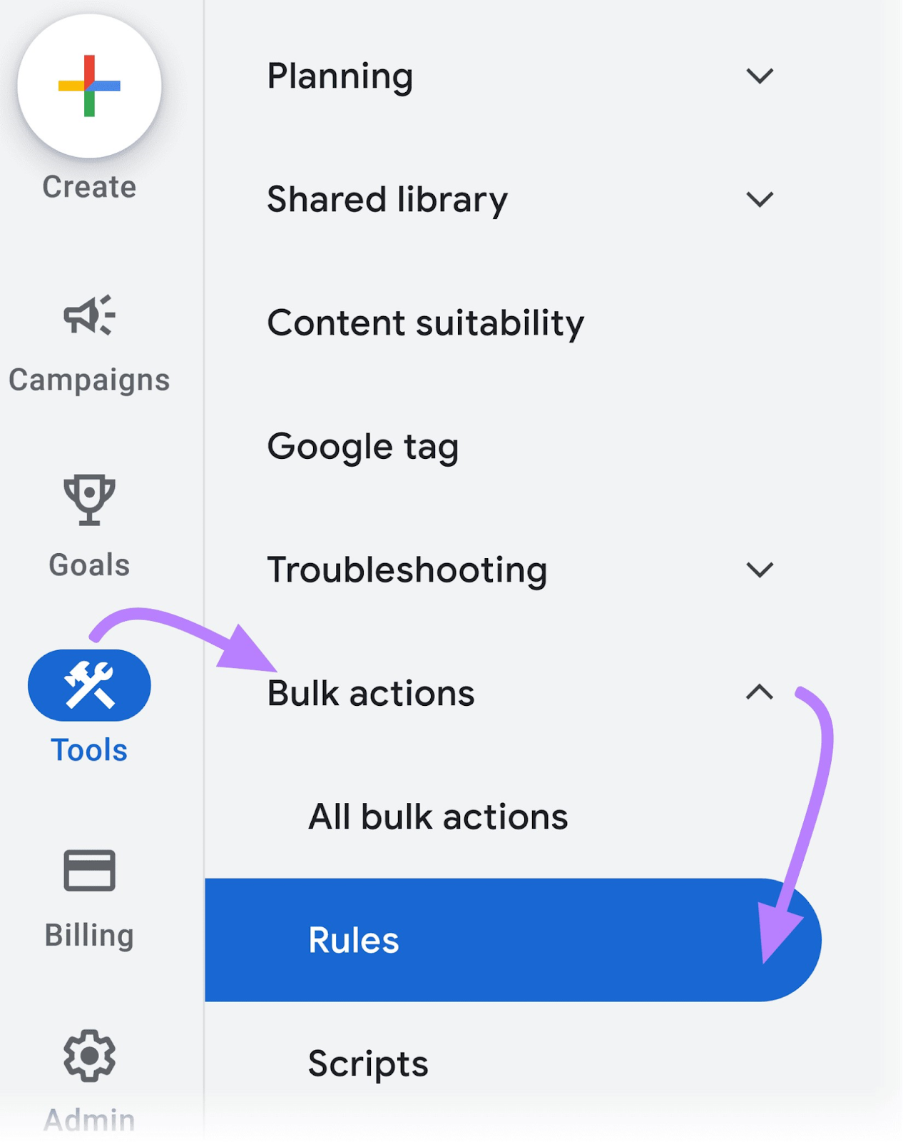"Rules" selected from the "Bulk actions" drop-down menu in Google Ads