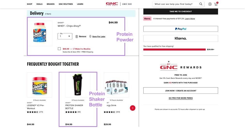 GNC website recommending a shaker to a user who purchases a protein powder