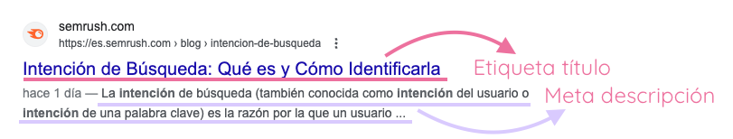 Ejemplo de una etiqueta de título y metadescripción