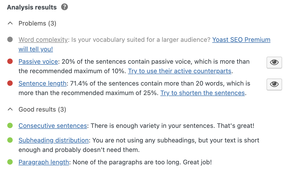 "Analysis results" page in Yoast SEO showing content’s readability and suggestions