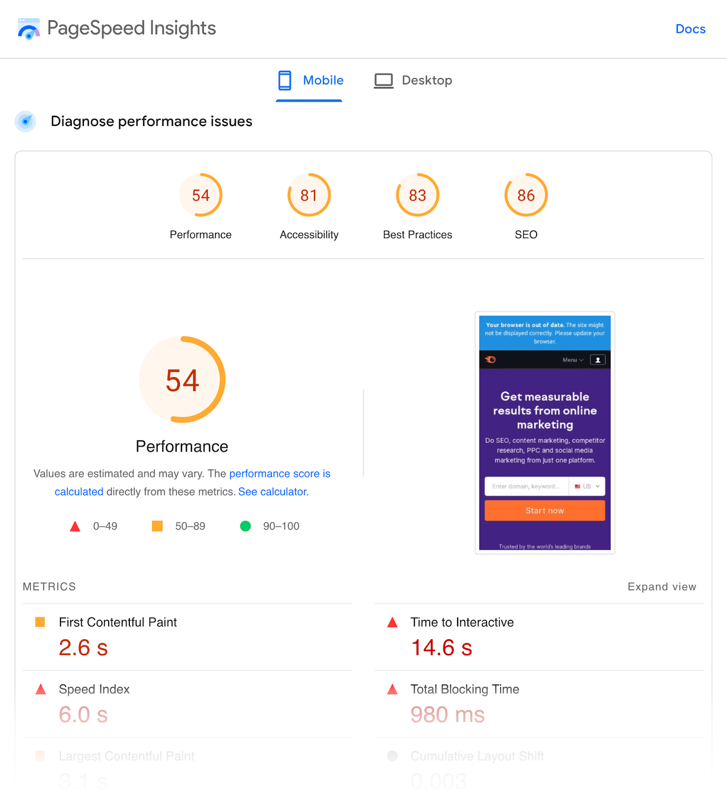 PageSpeed Insights' mobile performance dashboard