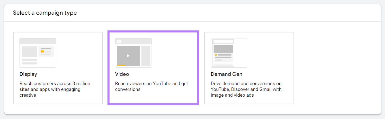 "Video" option selected under "Select a campaign type" section