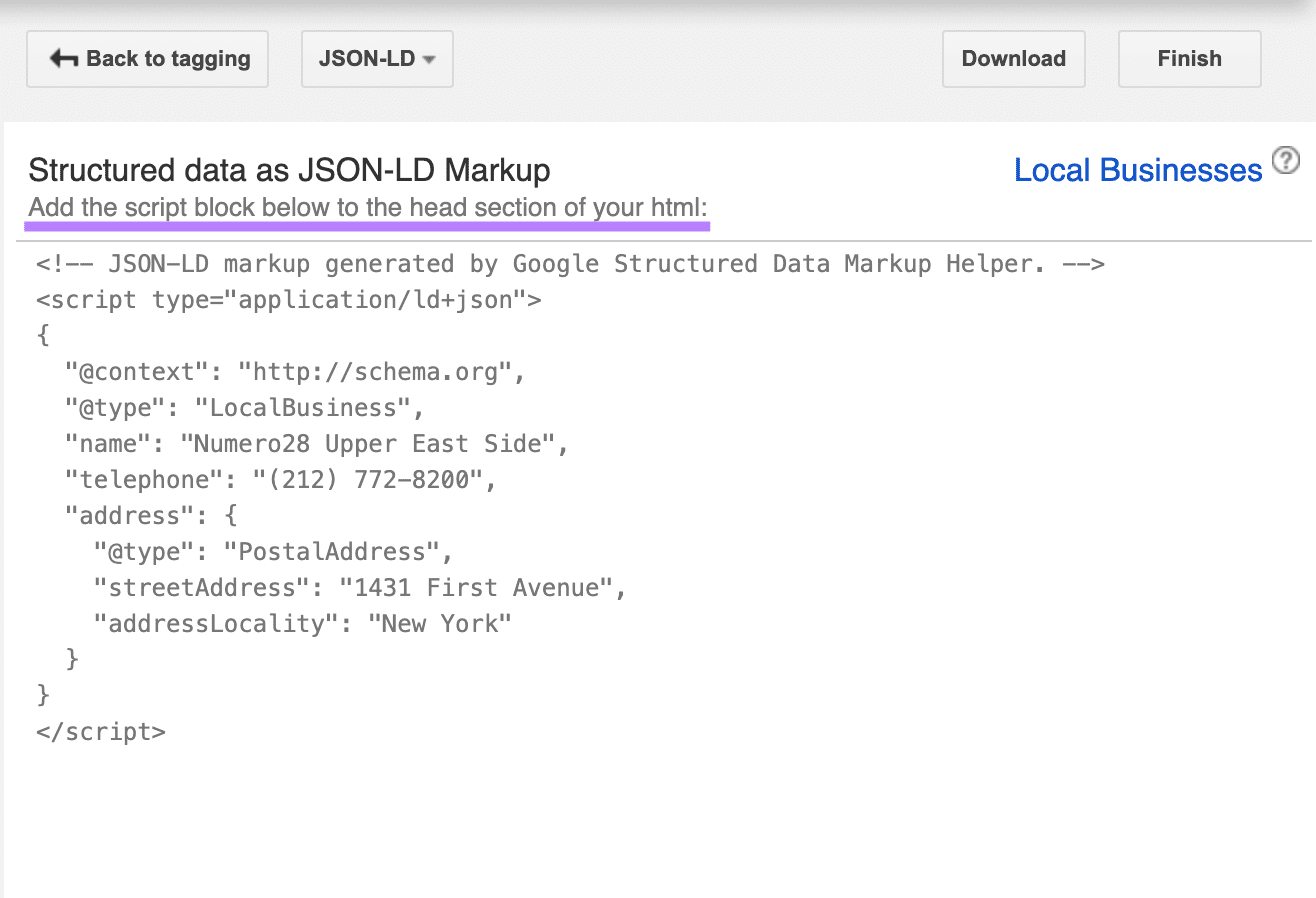 Code pasted under "Structured data as JSON-LD Markup" section