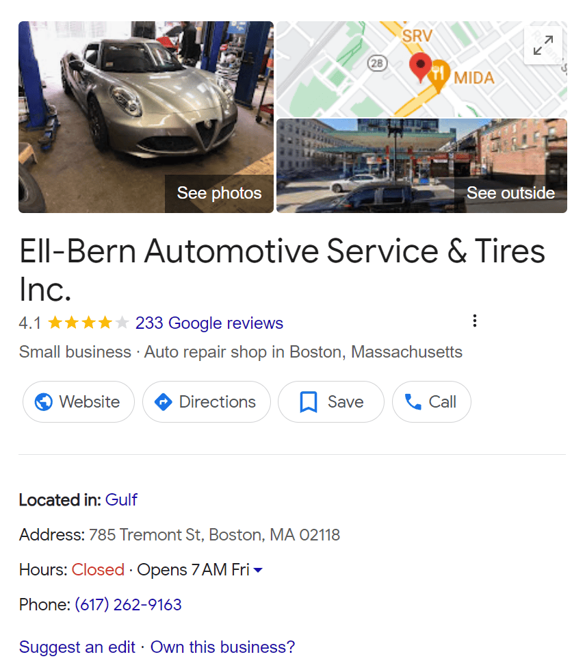 "Ell-Bern Automotive Services & Tires Inc," Google Business Profile on search