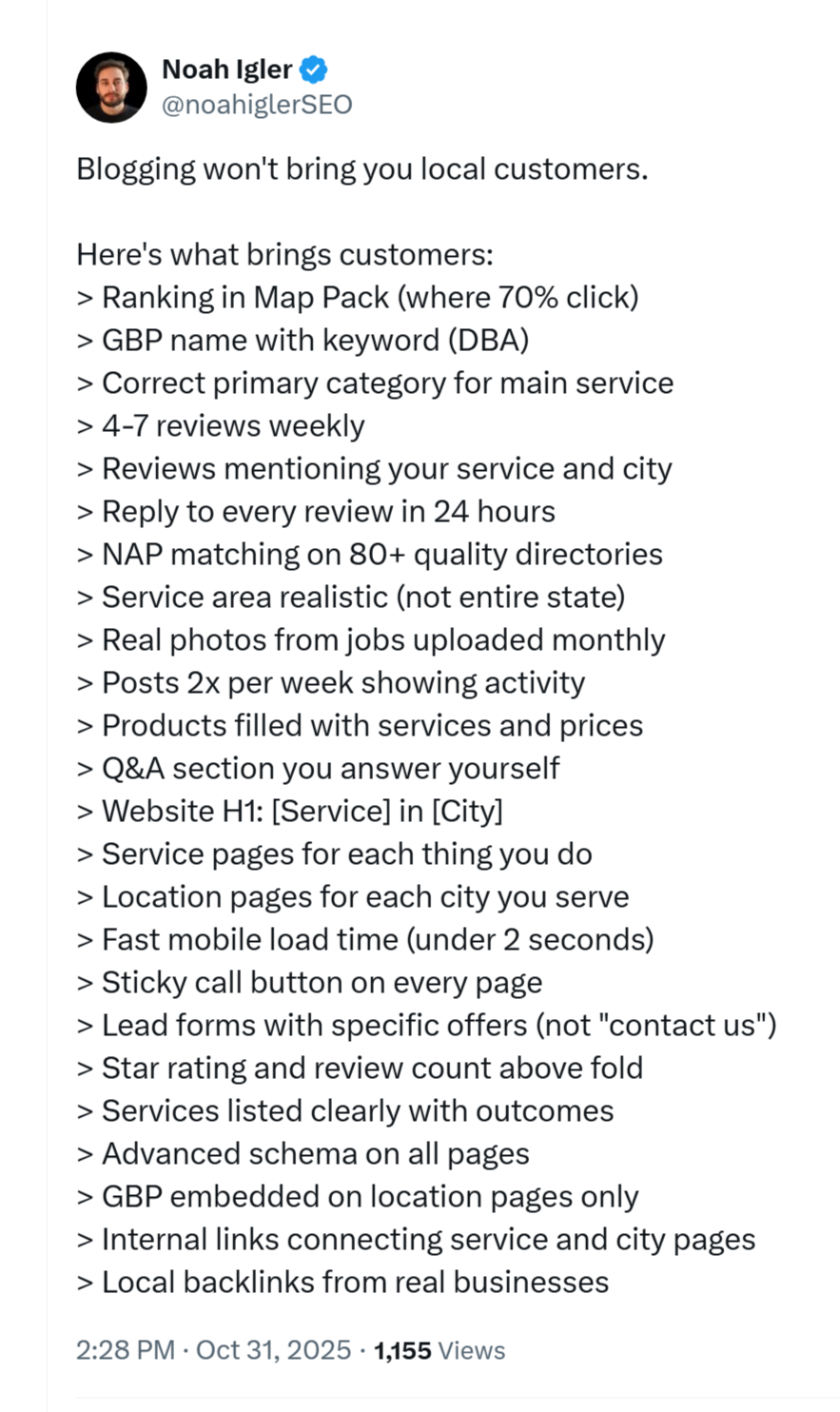 SEO ส่งออกโพสต์ของ Noah Igler บน X โดยให้คําแนะนําสําหรับ SEO ในท้องถิ่น