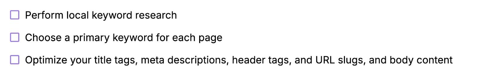 Perform conception keyword research; return a superior keyword for each page; optimize title tags, meta descriptions, header tags, URL slugs, and assemblage content.