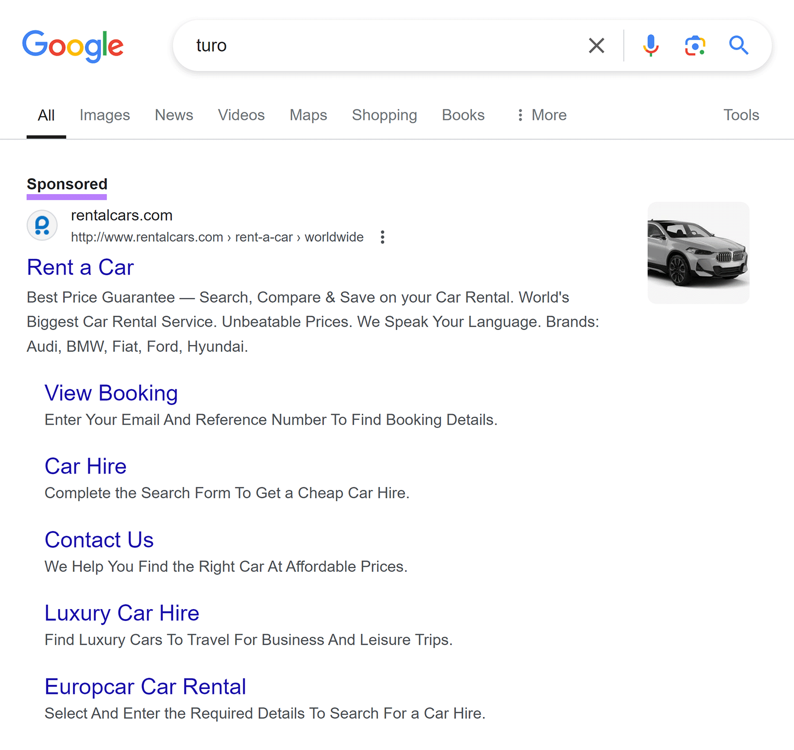 Google SERP for 'turo' showing competitors ad