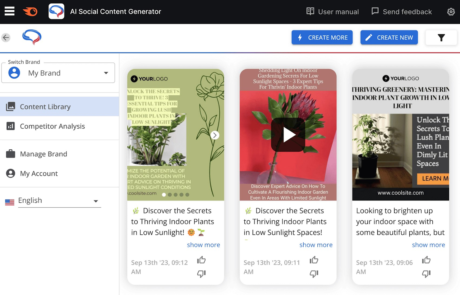 "Content Library" in AI Social Content Generator