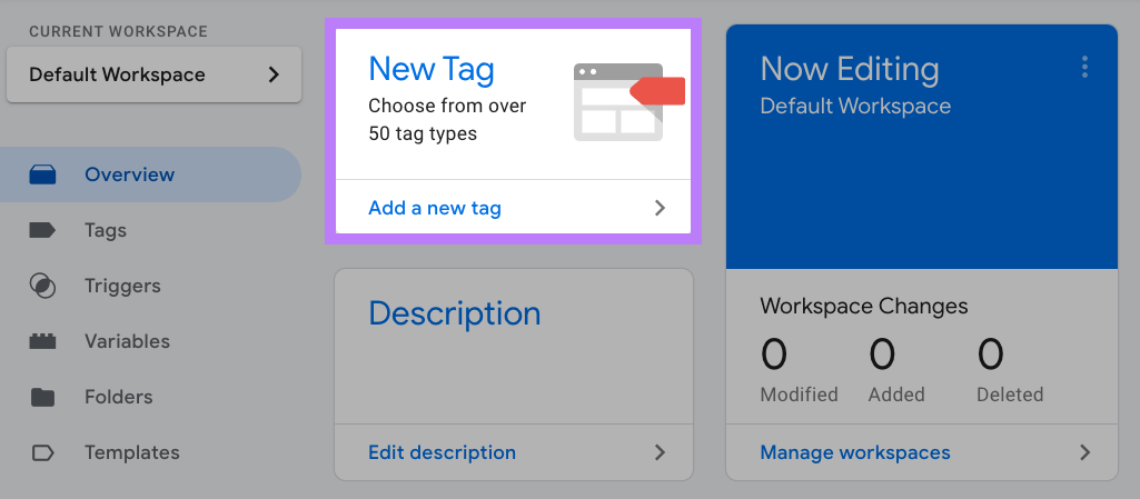 “New Tag” module highlighted in GTM workspace