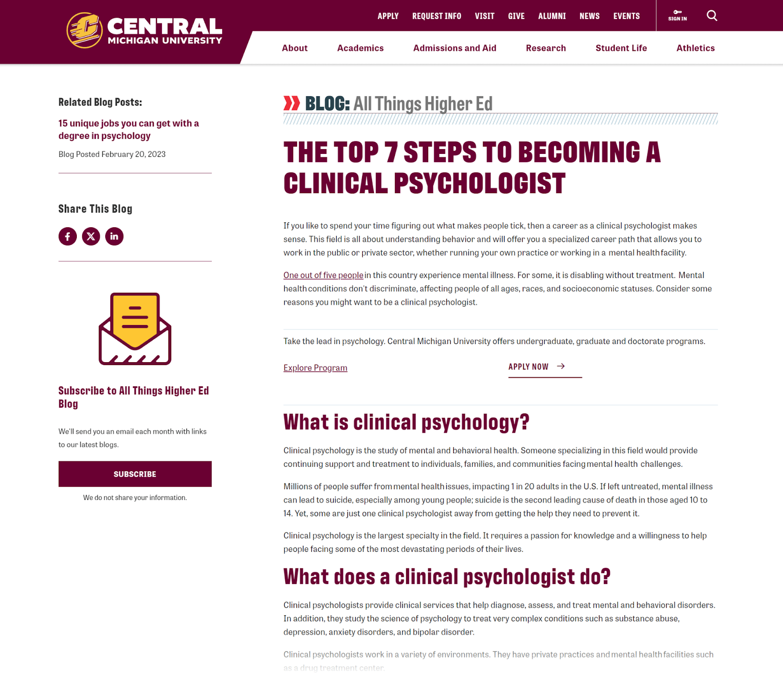 Central Michigan University blog post on steps to becoming a clinical psychologist.