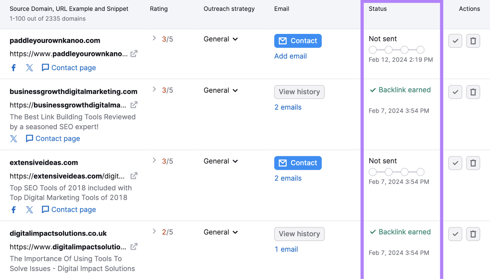 Monitor emails in the "Status" column in Link Building Tool