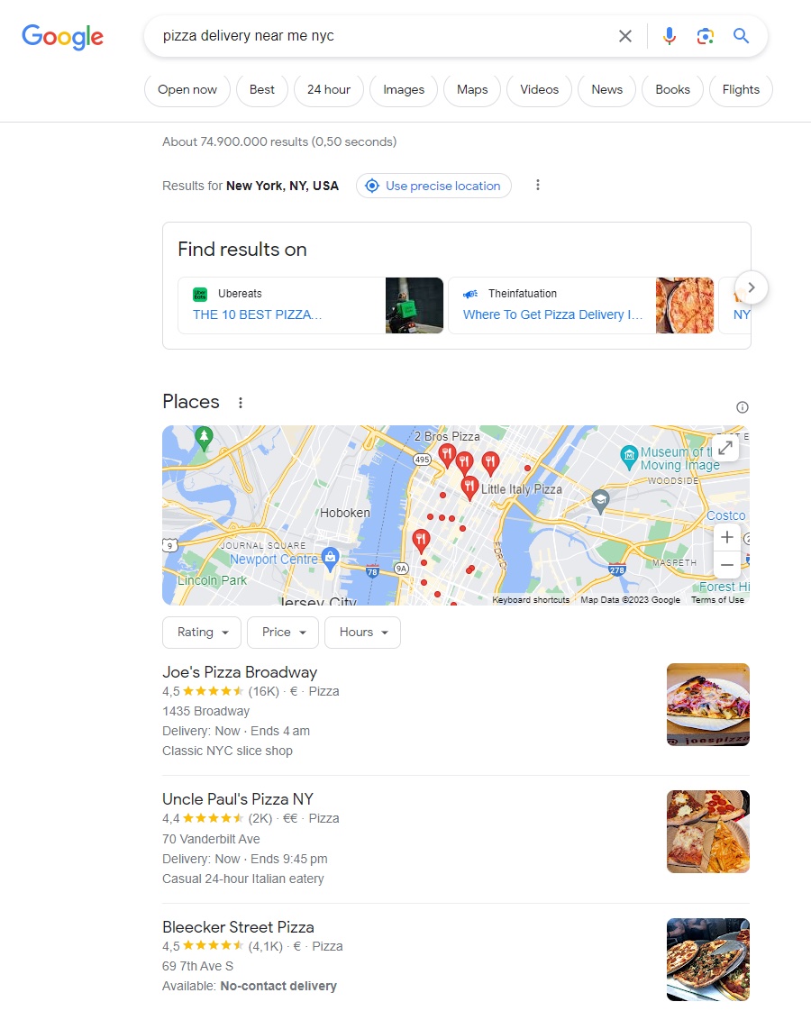 Google's "Places" results for "pizza delivery near me nyc" query
