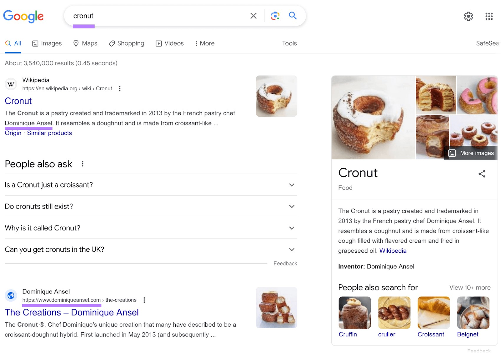 Google SERP with "cronut" entered as the term with the name of the chef who invented it highlighted it across different results.