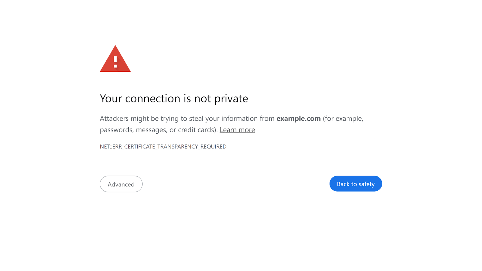 "Your connection is not private" error page in Google Chrome