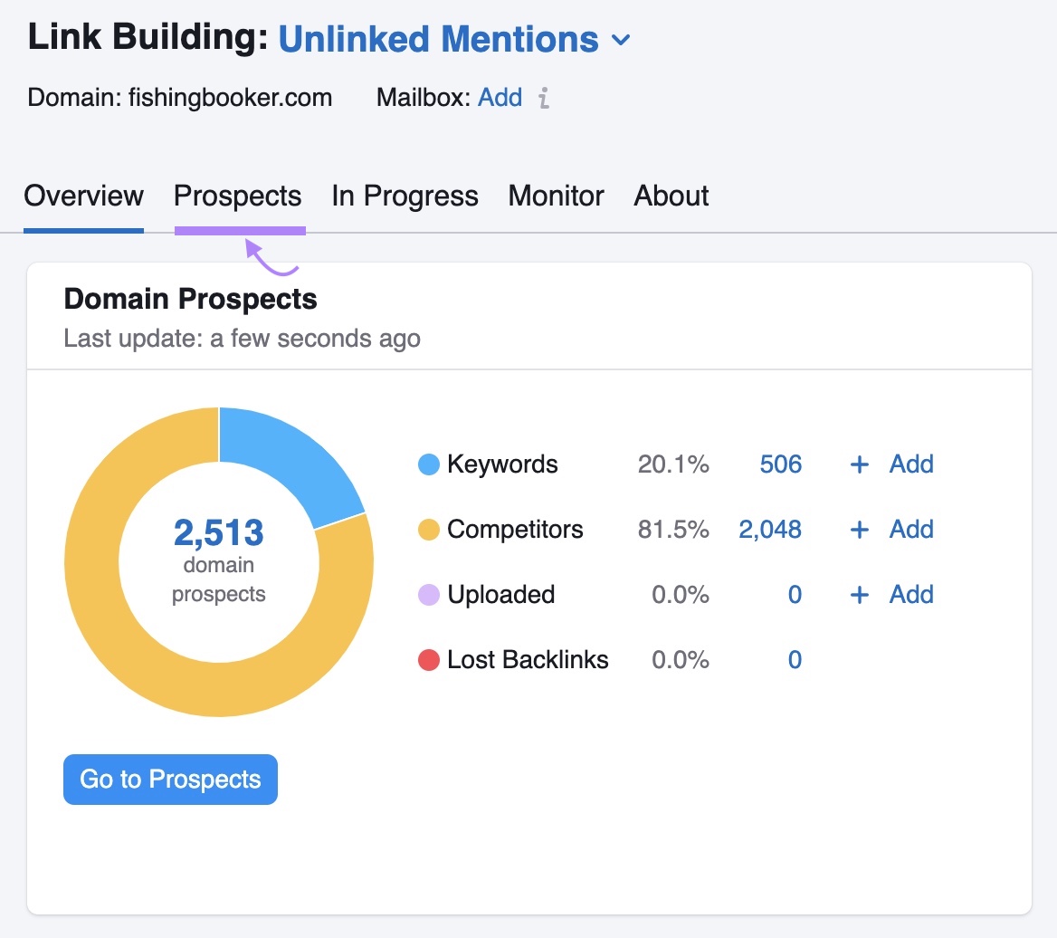 "Overview" on the Link Building tool with the "Prospects" tab highlighted.