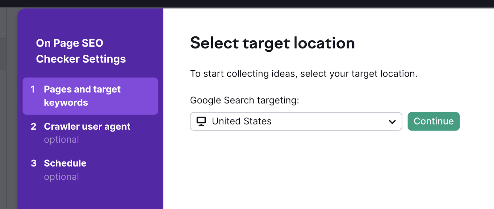 Target location set to United States in On Page SEO Checker tool