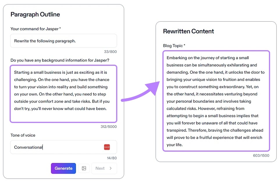 A paragraph outline and rewritten content example in Jasper