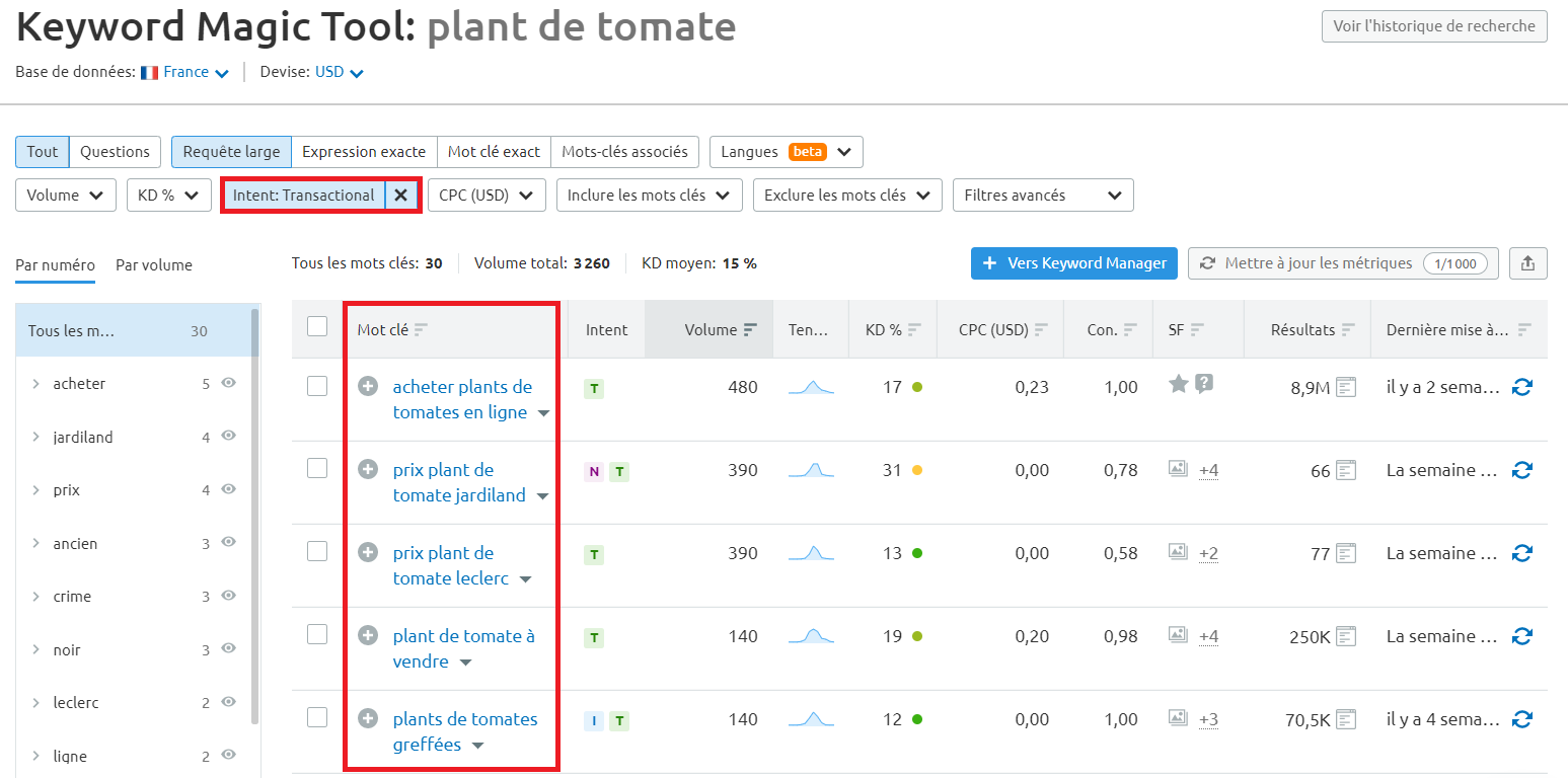 Semrush Keyword Magic Tool transactionnel