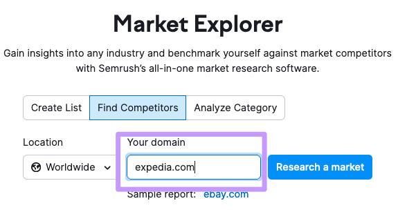 “Find Compe،ors” with Market Explorer tool