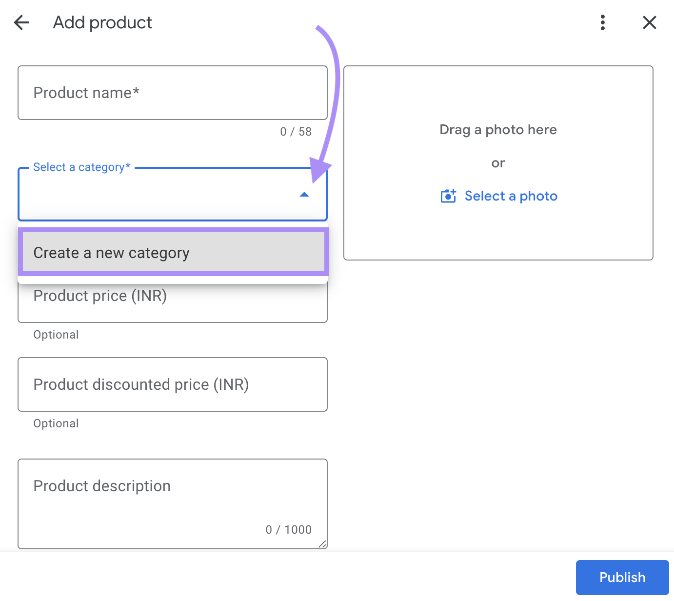 “Create a new category" option selected in the "Add product" window