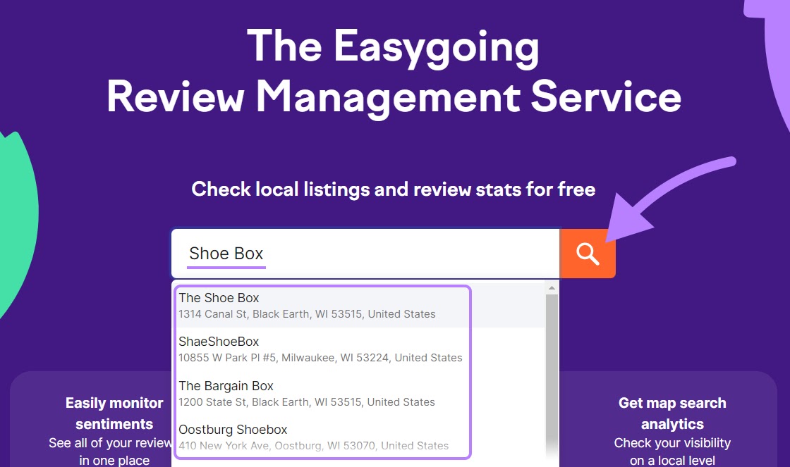 Searching for "Shoe Box" business in Review Management tool