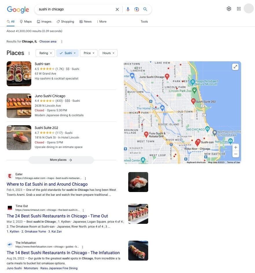 SERP for sushi in chicago