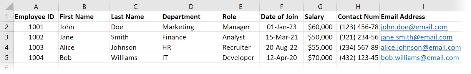 A Microsoft Excel spreadsheet used to track employee contact details