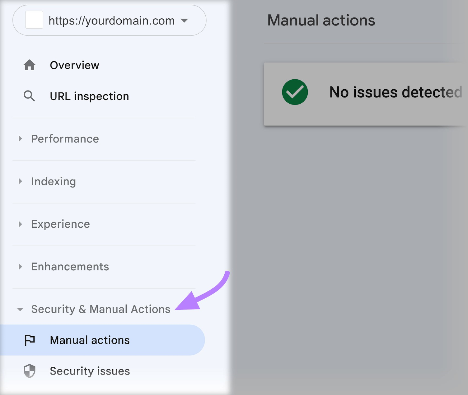 Google Search Console sidebar with "Manual actions" selected from the "Security & Manual Actions" dropdown.