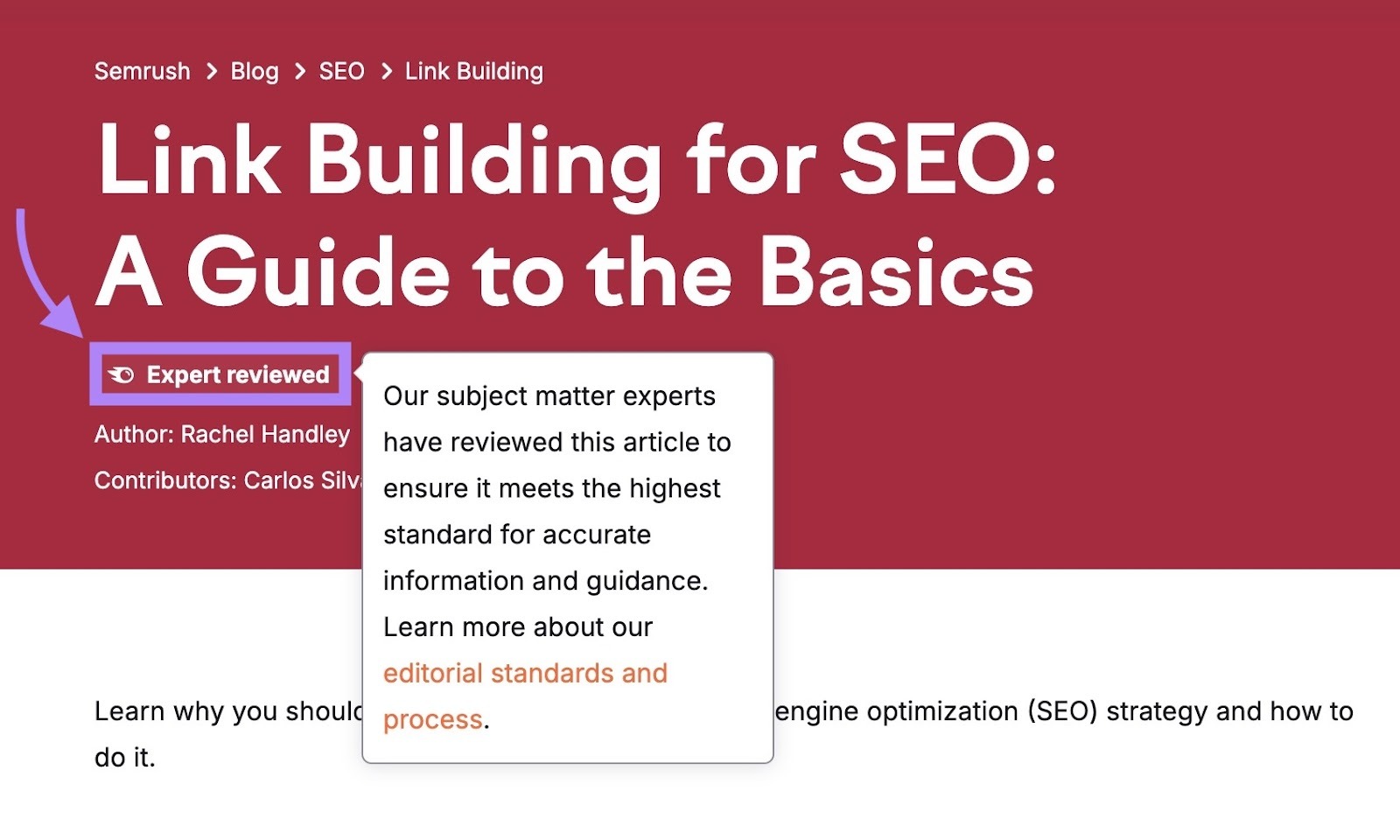 O selo "Revisado por especialistas" que destaca o processo editorial e aparece no topo de um artigo da Semrush.