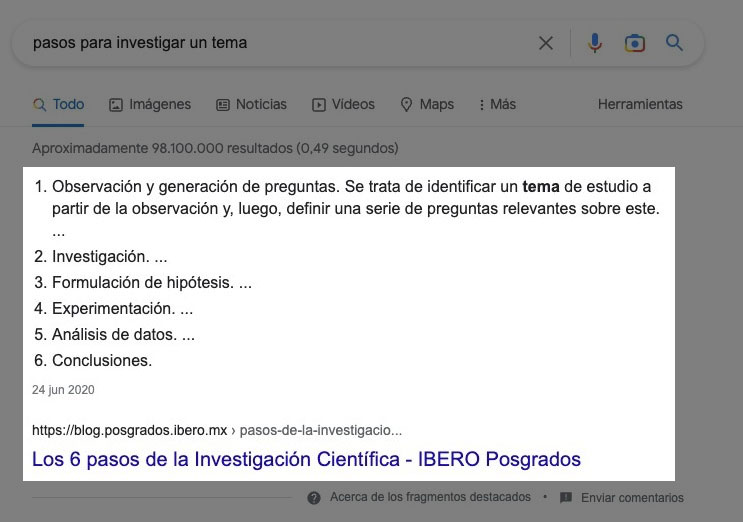 Aspecto de los fragmentos destacados en los SERP