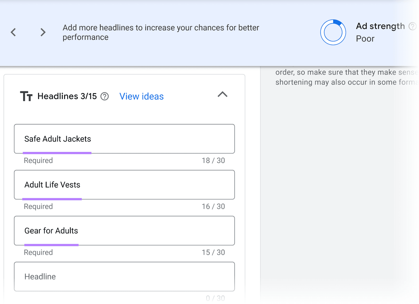 Ad creation interface showing 3 filled headline input fields higlighted with purple lines, and the heading "Headlines 3/15."