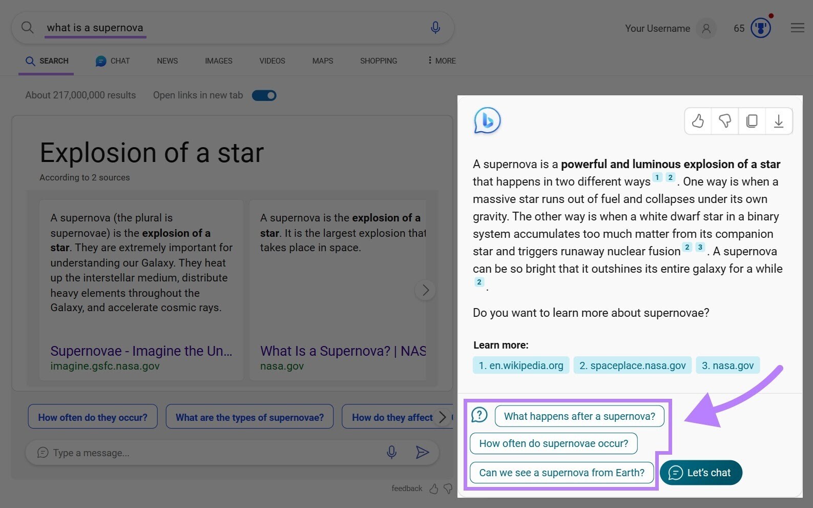 an example of follow-up questions in Bing Chat SERP feature for "what is a supernova" query