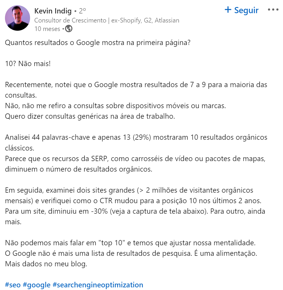 Novas oportunidades de crescimento com dados sobre SERP features 3 Kevin Indig falando sobre a SERP do Google