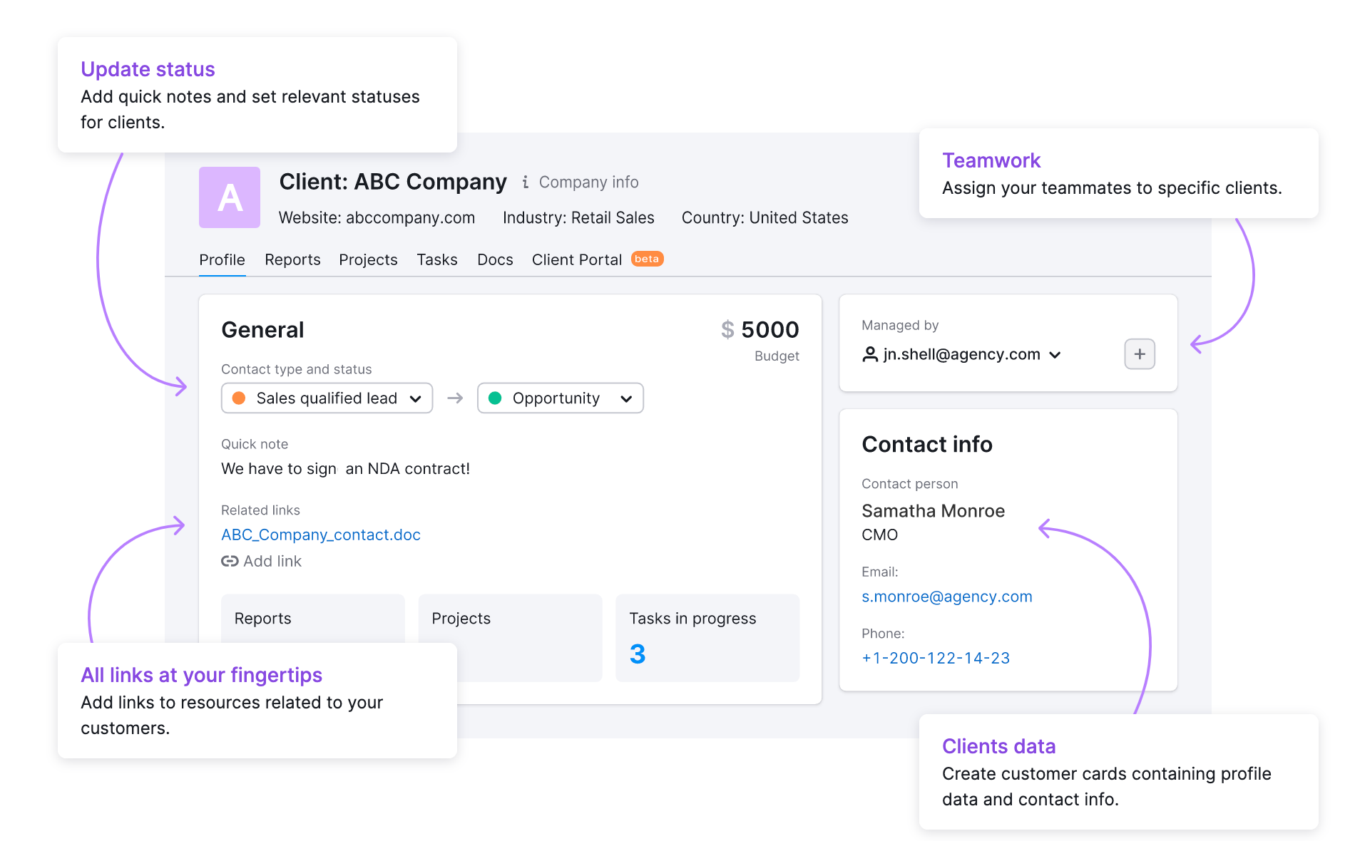 The Semrush CRM displays information about client companies in one central location, from contact data to current status