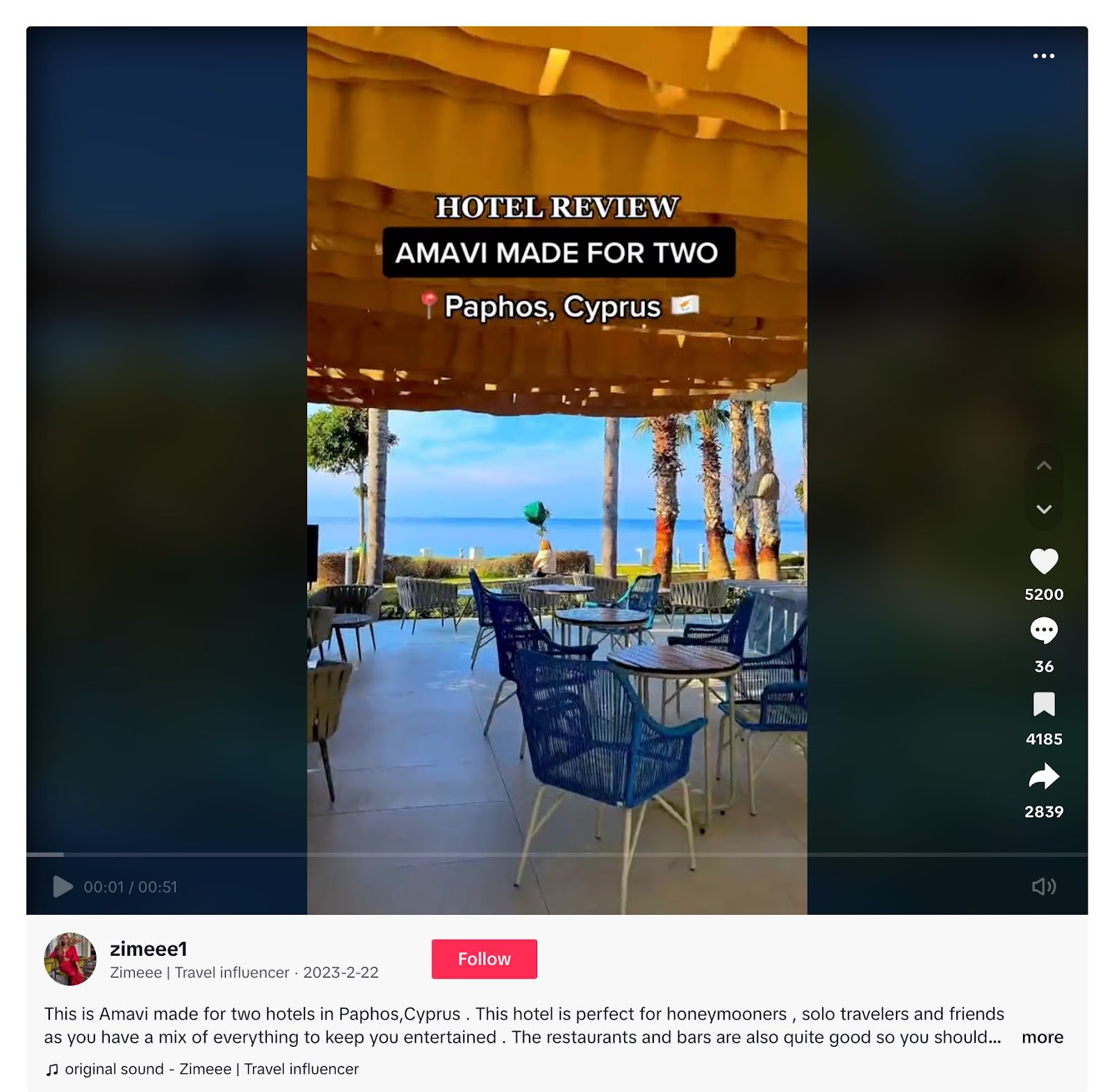 TikTok post reviewing a hotel in Cyprus by travel influencer, Zimeee.