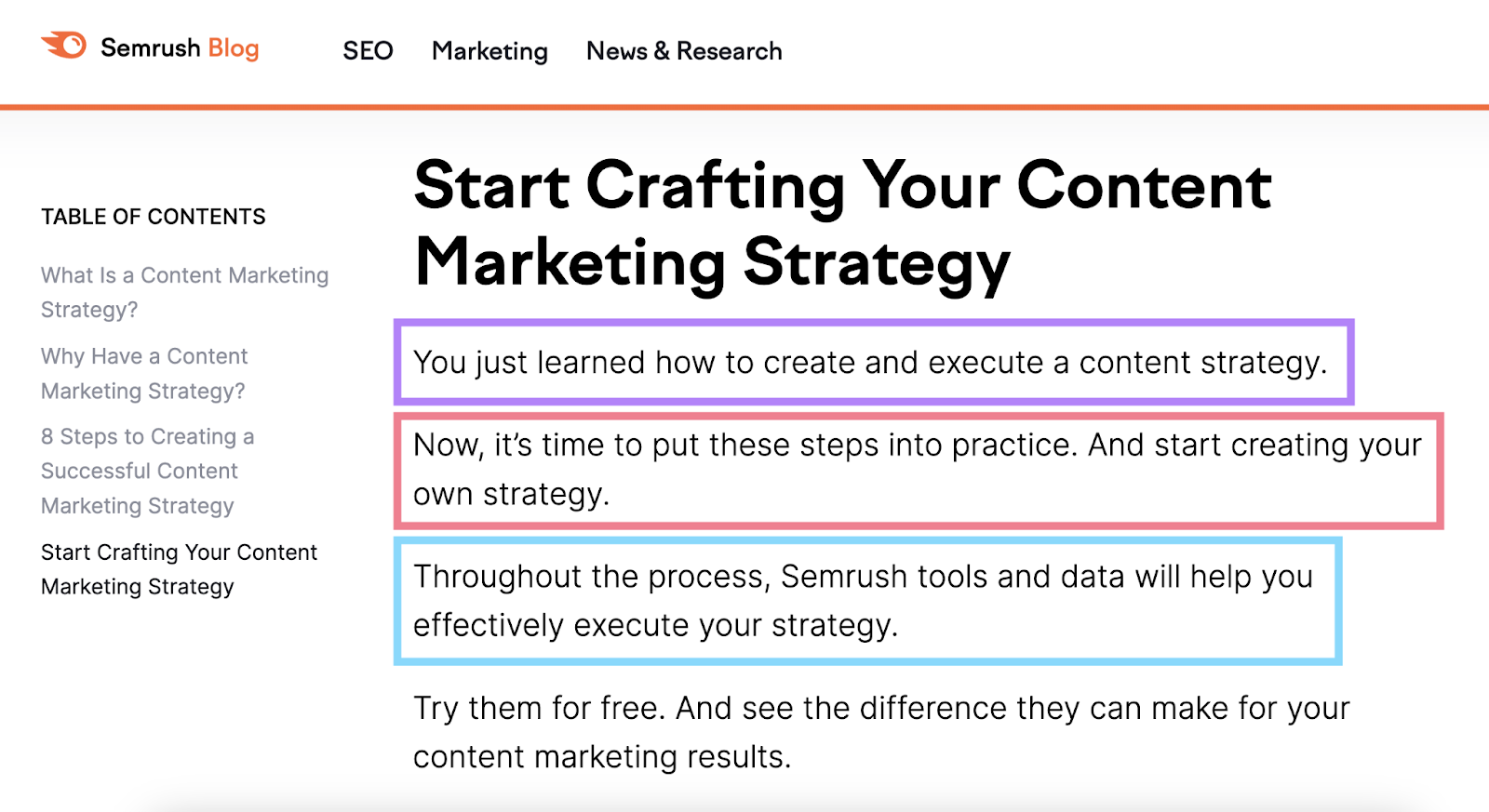 A conclusion of Semrush's article on The Ultimate Guide to Creating a Content Marketing Strategy