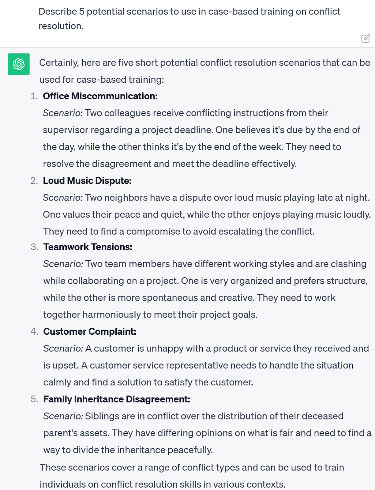 A new prompt asking ChatGPT to describe 5 potential scenarios to use in case-based training on conflict resolution