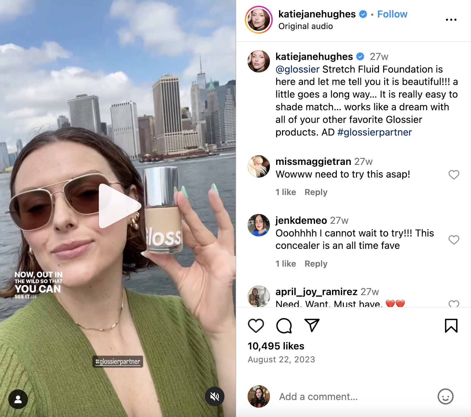 @katiejanehughes video post on Instagram, promoting Glossier's foundation