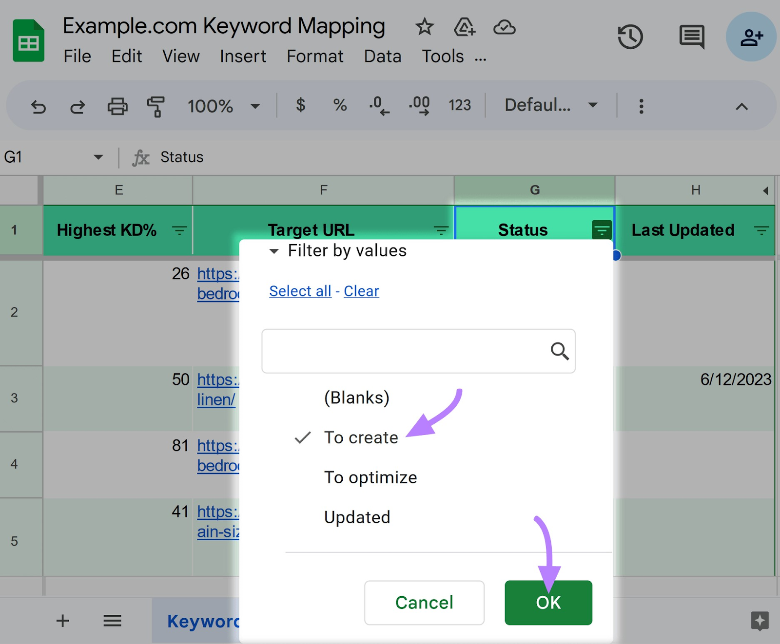 filtering the “Status” column to show results flagged "To create"