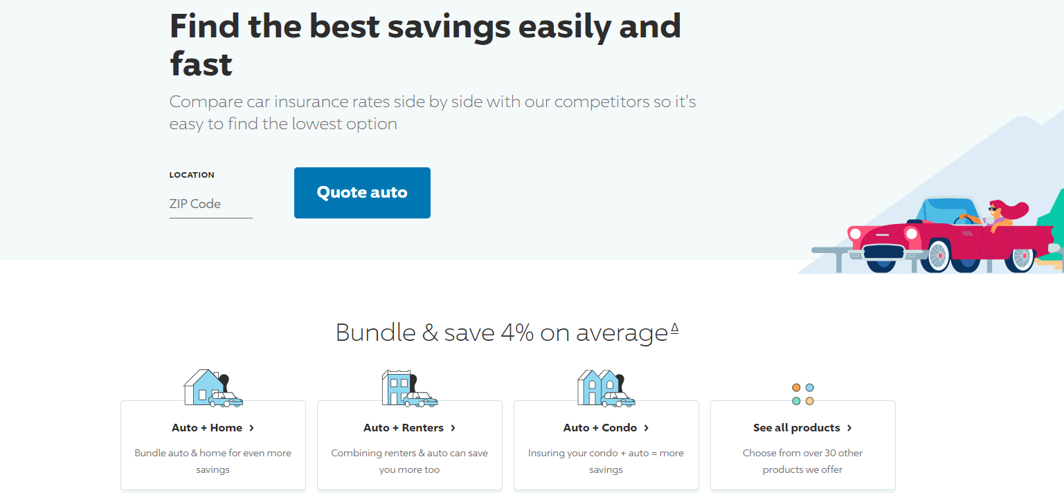 Progressive's landing page with "Find the best savings easily and fast" headline