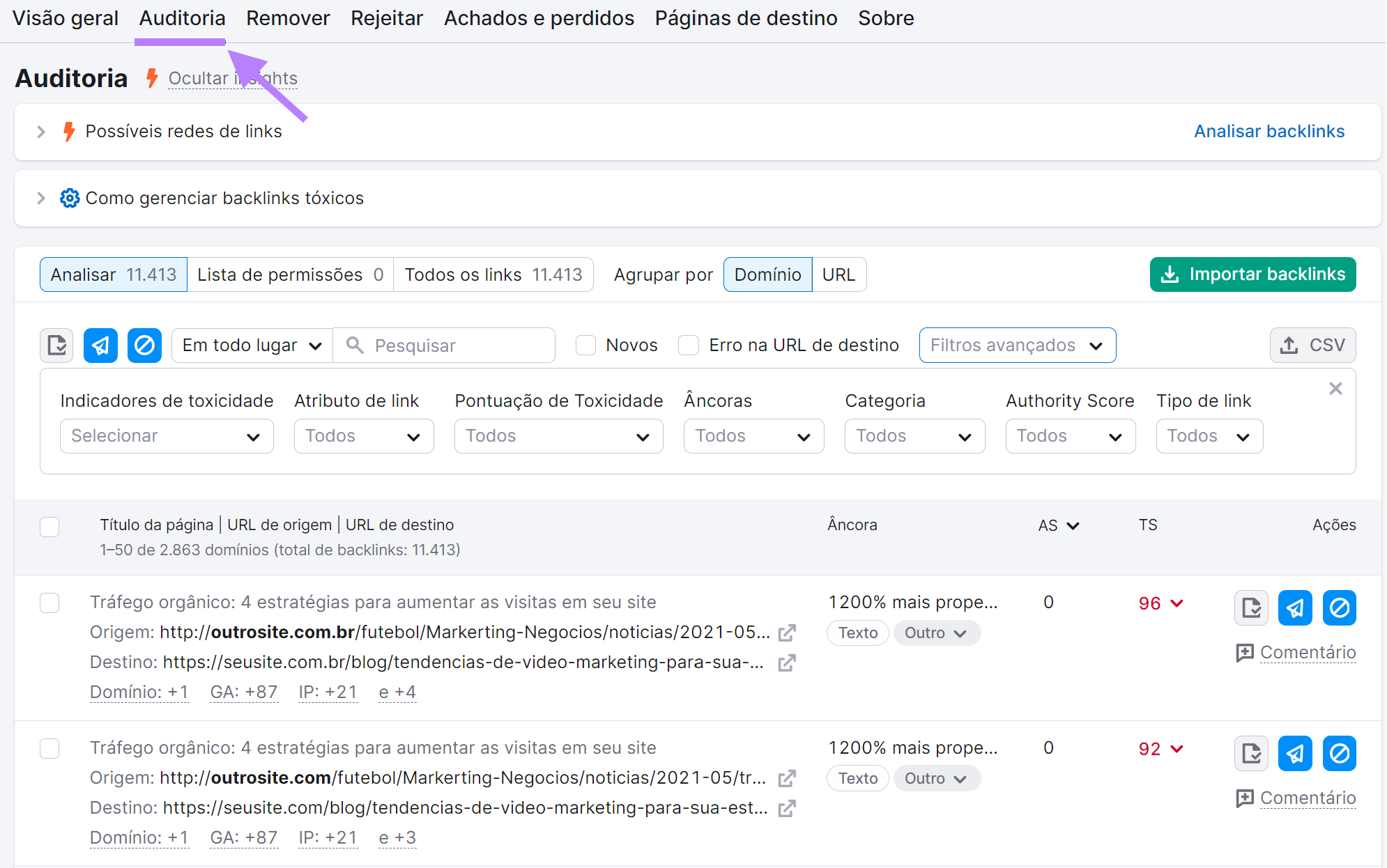 ana "auditoria" na ferramenta Backlink Audit