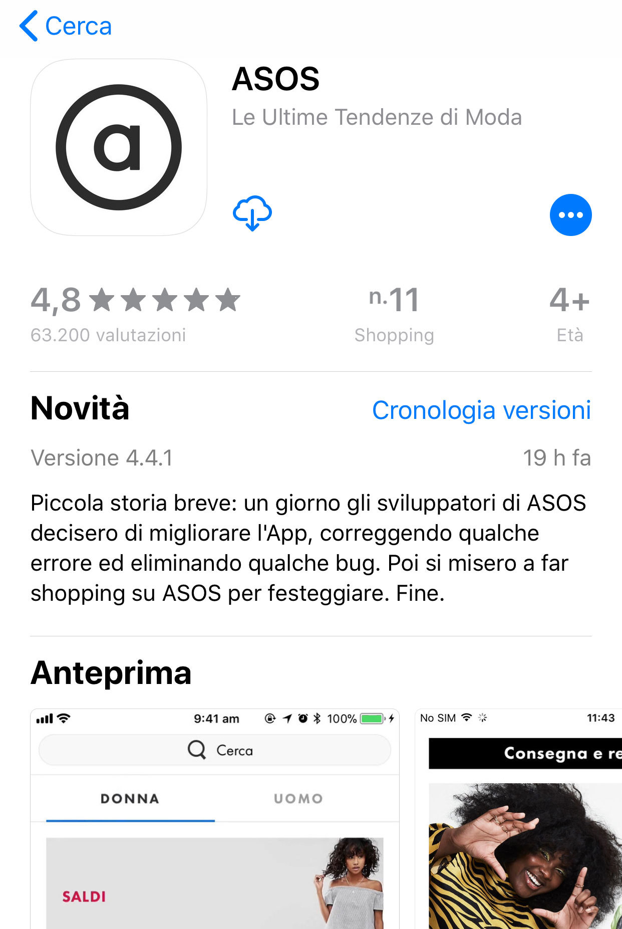 La pagina di Asos su AppStore: guarda che microcopy ha usato