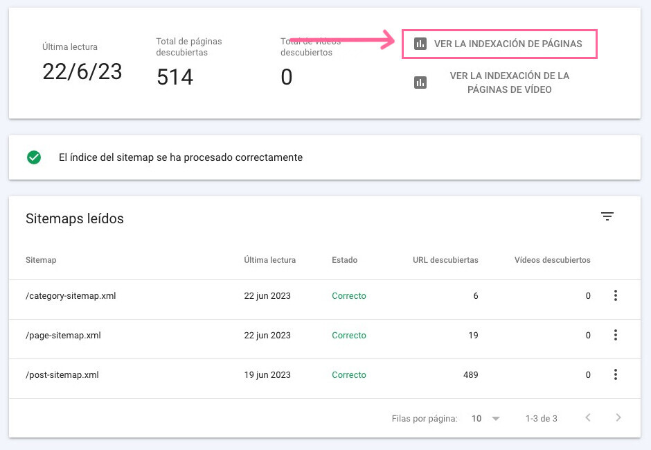 Ver indexación de páginas de sitemaps