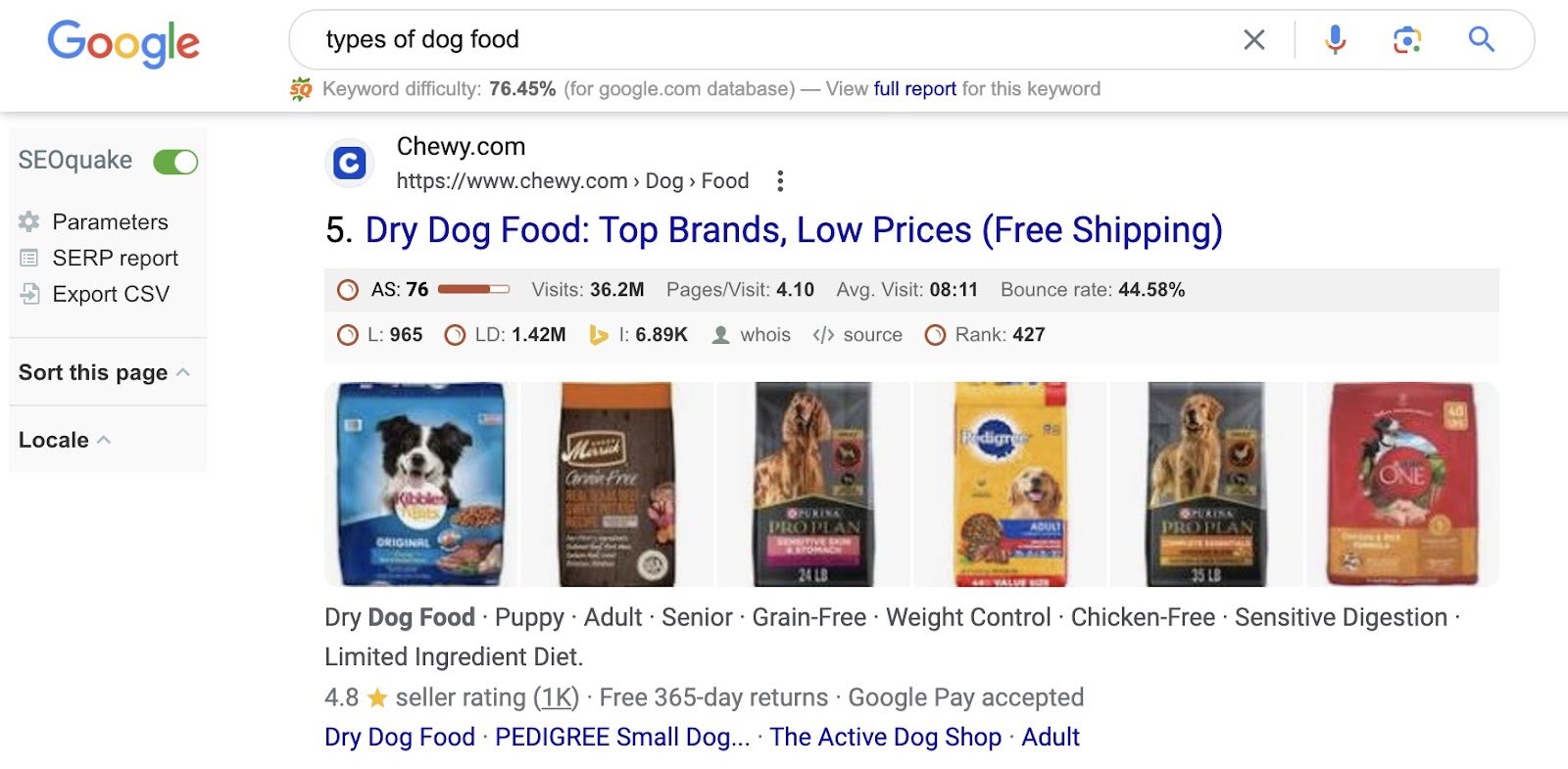 Google's results for "types of dog food" shown with SEOquake extension