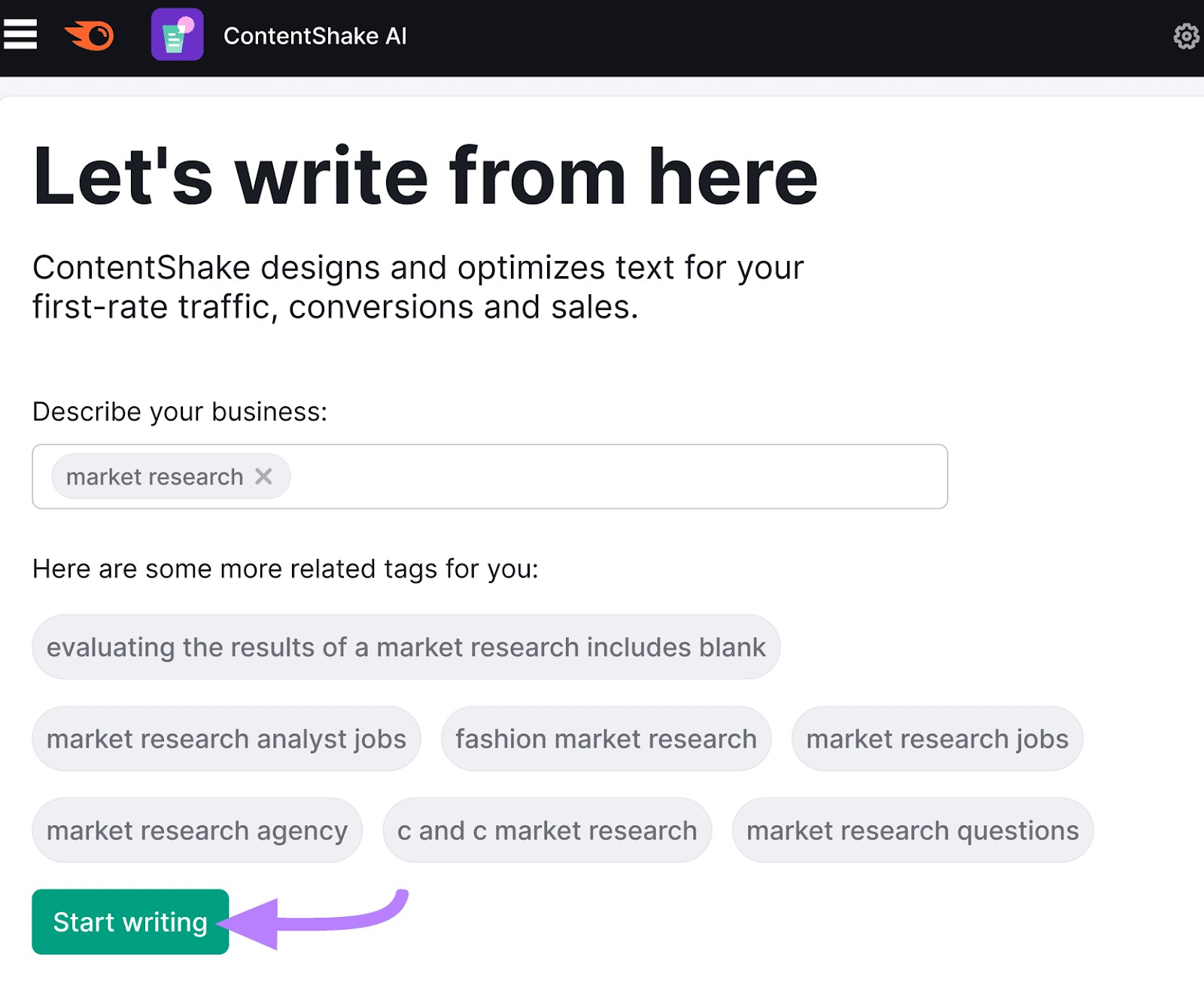 "Let's write from here" ContentShake AI set up