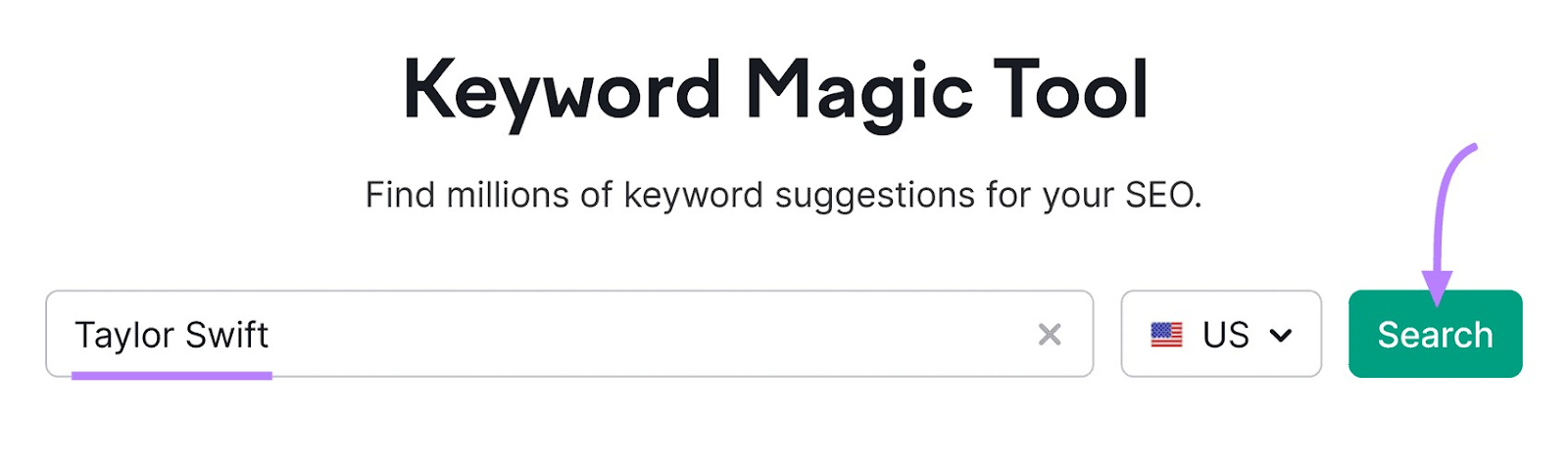 “Taylor Swift” entered in Keyword Magic Tool search bar