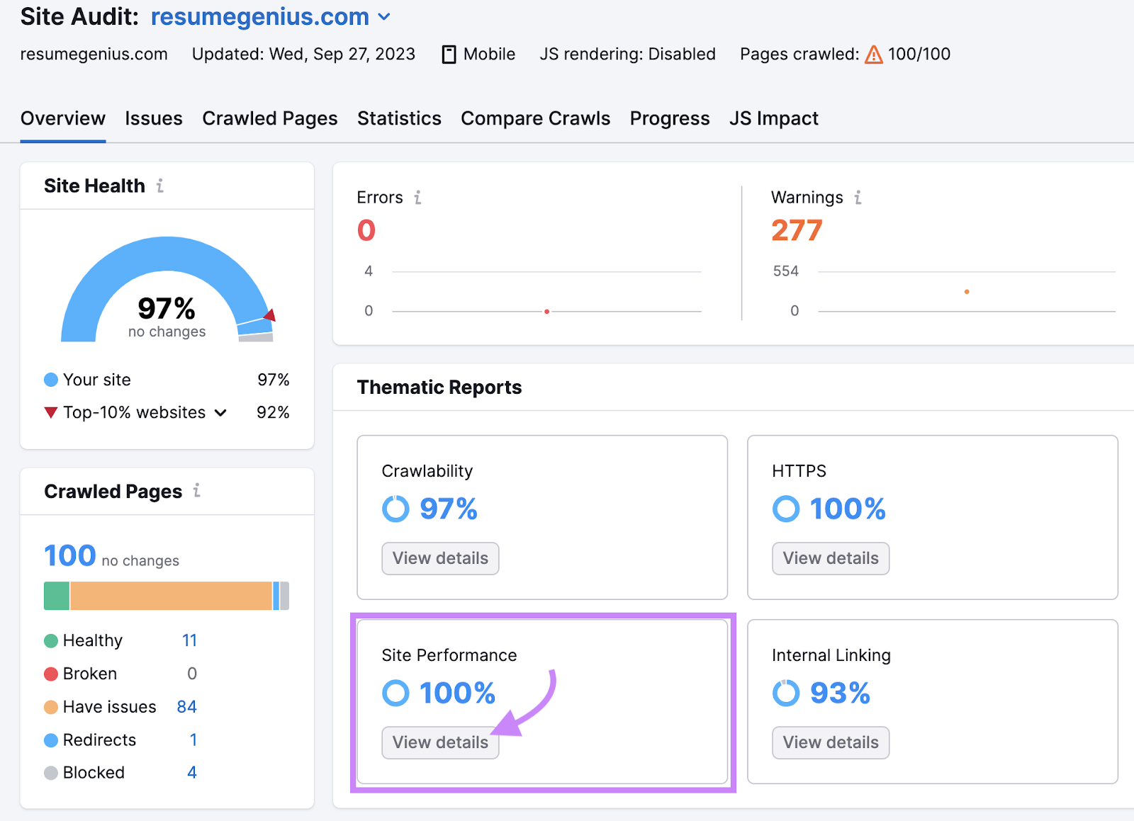 “Site Performance” box highlighted in Site Audit dashboard